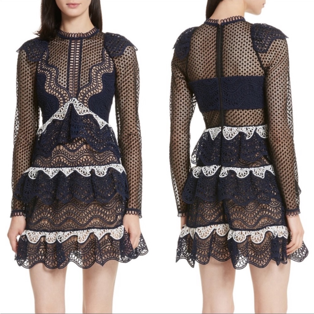 New Self-Portrait Navy Wave Guipure Long Sleeve Dress